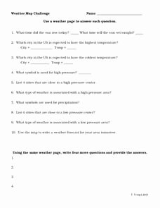 Weather Map Symbols Worksheet New Weather Map Challenge Worksheet for 5th 6th Grade
