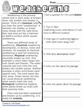 Weathering and Erosion Worksheet New Weathering and Erosion Reading Passages