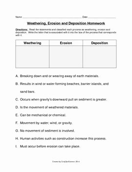 Weathering Erosion and Deposition Worksheet Lovely Weathering Erosion and Deposition Classwork Homework by