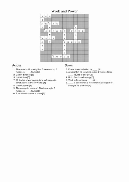 Work and Energy Worksheet Answers Awesome Work and Power Crossword Puzzle Answers Worksheet for 6th