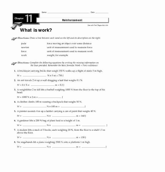 Work and Energy Worksheet Answers Awesome Work and Power Worksheet
