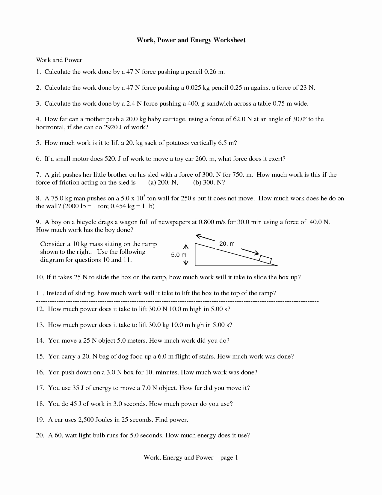 Work And Energy Worksheet