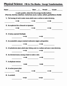 Work and Energy Worksheet Answers Best Of Energy Transformations Worksheet Fill In the Blank by