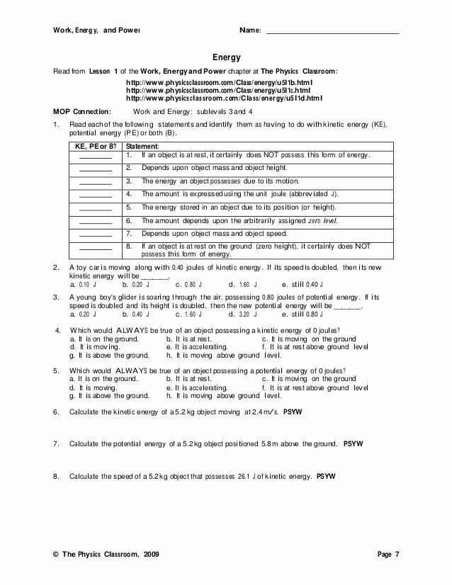 Work and Energy Worksheet Answers Lovely Work Worksheet Physics Syndeomedia