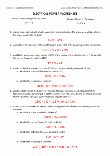 Work and Energy Worksheet Answers Unique Electrical Power Worksheet with Answers by Jwansell