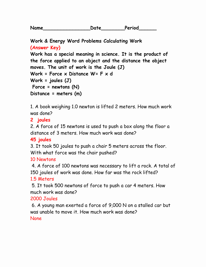 Work and Energy Worksheet Best Of Calculating Work Worksheet Answer Key