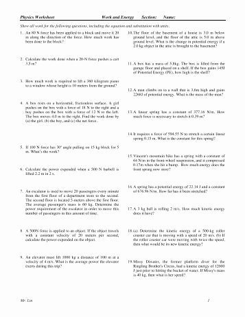 Work and Energy Worksheet Fresh Date Period Worksheet A Work and Power I Physical Science