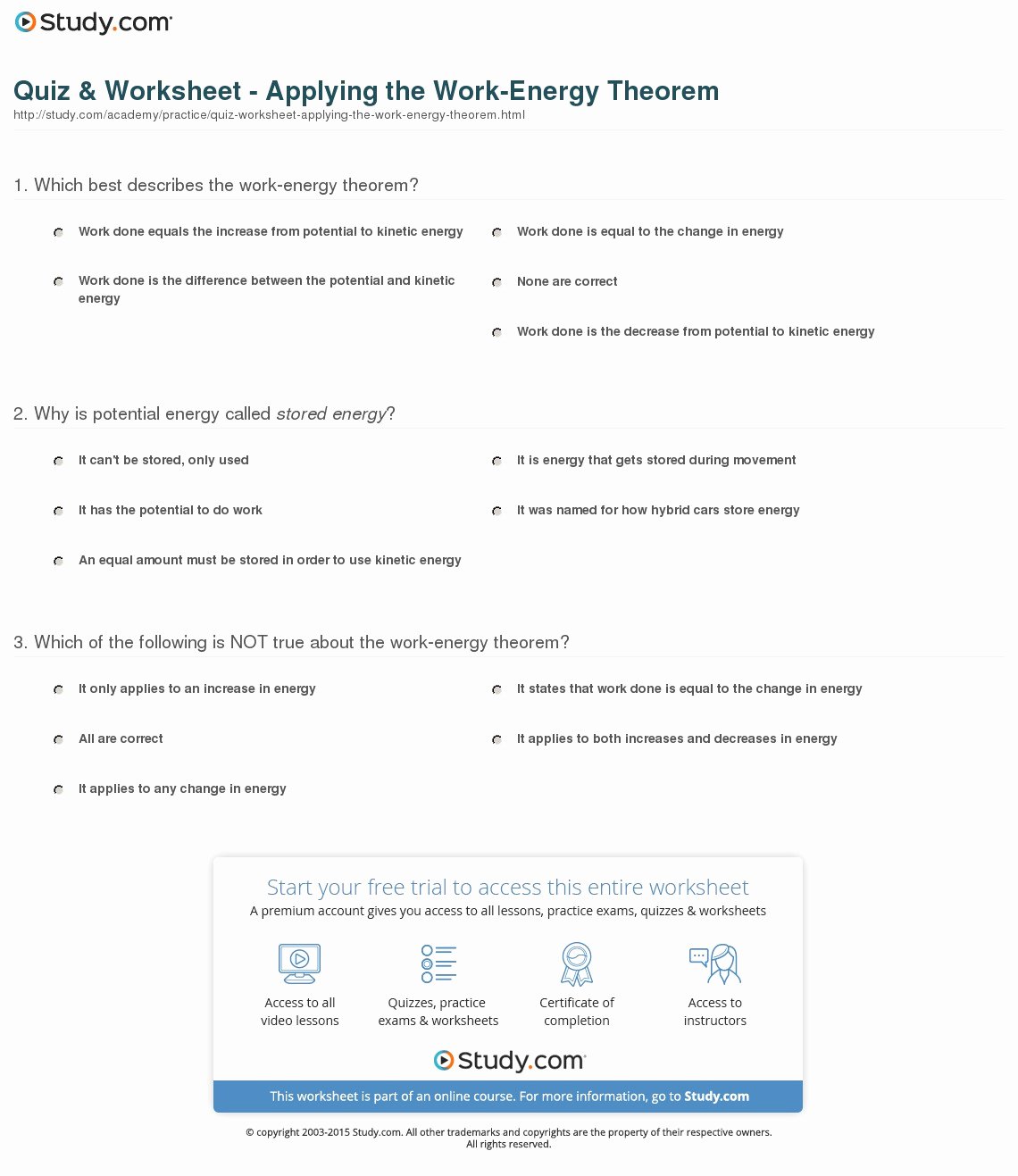Work and Energy Worksheet Unique Quiz &amp; Worksheet Applying the Work Energy theorem