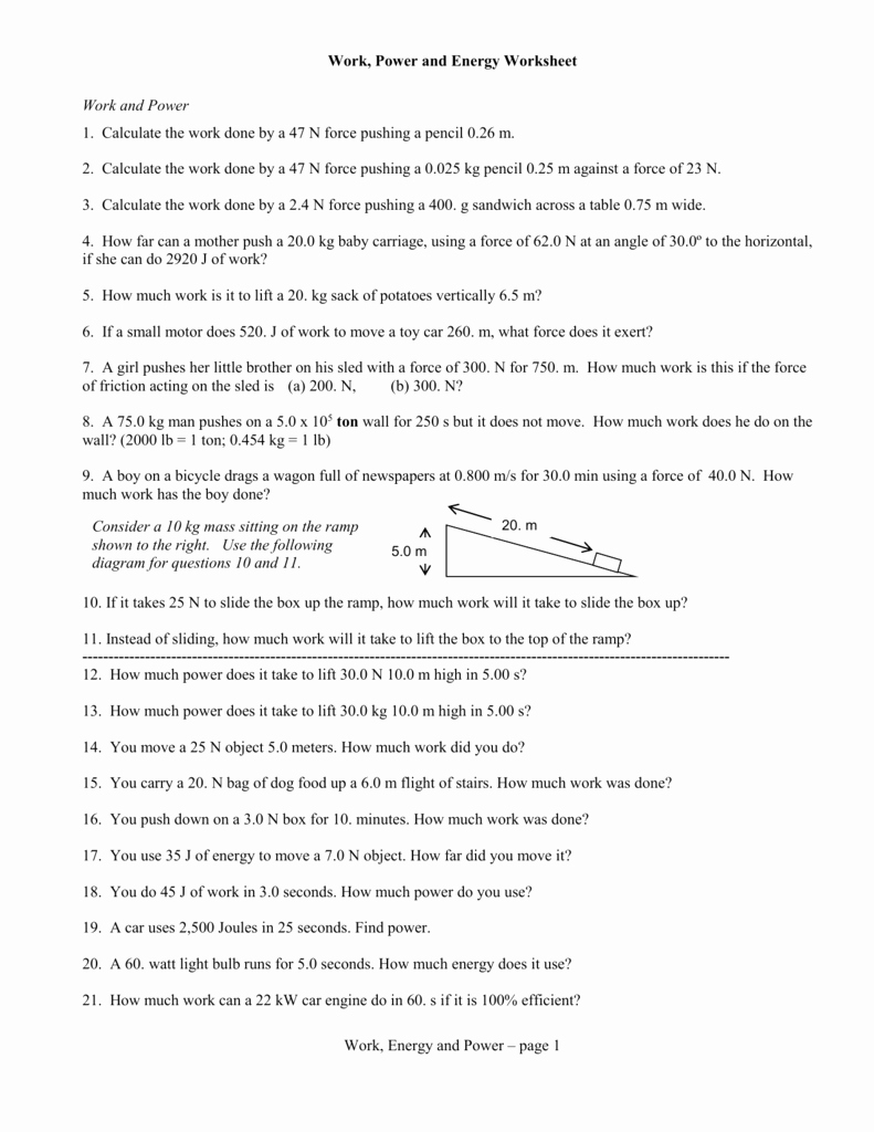 Work and Energy Worksheet Unique Work Power and Energy Worksheet