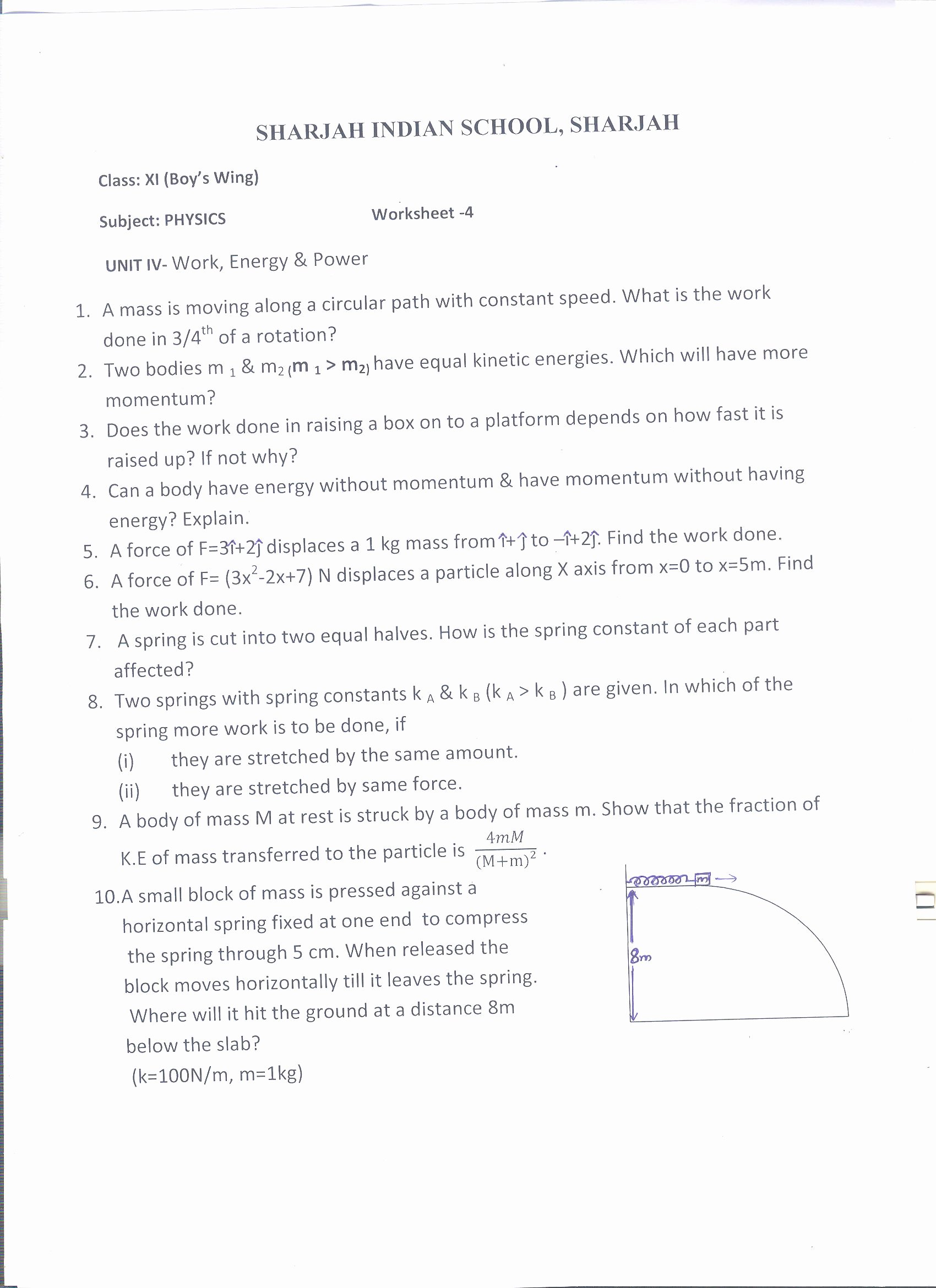 Work Energy and Power Worksheet New Worksheets Sharjah Indian School 39 Years Of Excellence