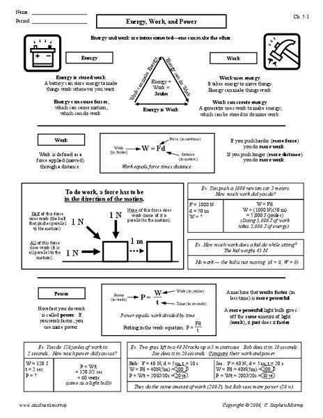 Work Energy and Power Worksheet Unique Energy Work and Power Worksheet for 10th 12th Grade
