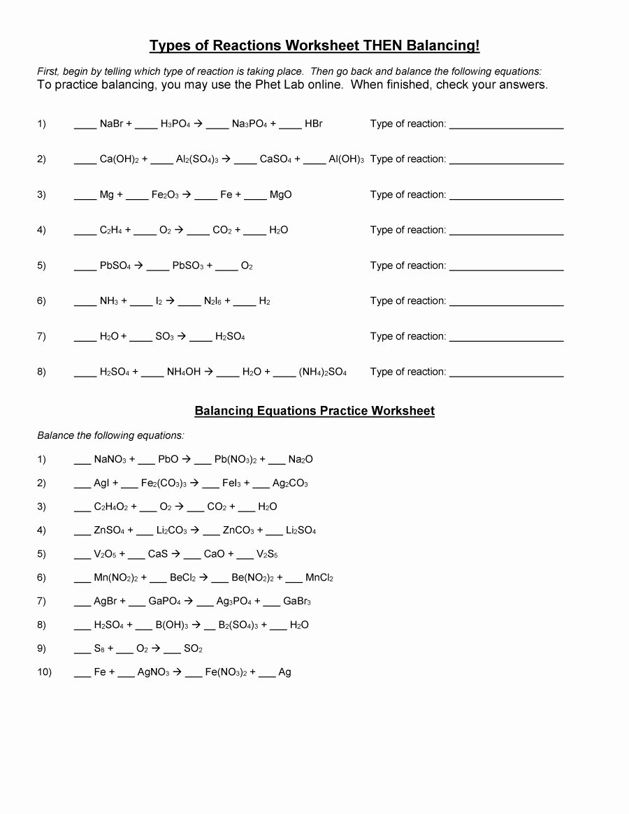 Worksheet Balancing Equations Answers Elegant Types Reactions Word Equations Worksheet