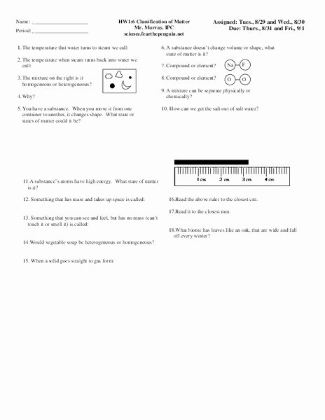 Worksheet Classification Of Matter Elegant Classification Of Matter Worksheet for 9th 10th Grade
