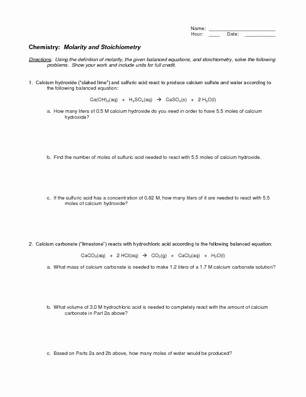 Worksheet for Basic Stoichiometry Answer Fresh Molarity and Stoichiometry Worksheet for 10th Higher Ed