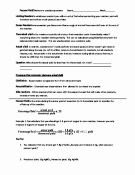 Worksheet for Basic Stoichiometry Answer New Percent Yield and Stoichiometry Notes and Practice