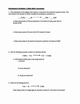 Worksheet for Basic Stoichiometry Answer Unique Stoichiometry Worksheet Mole Mole Conversions by Dean