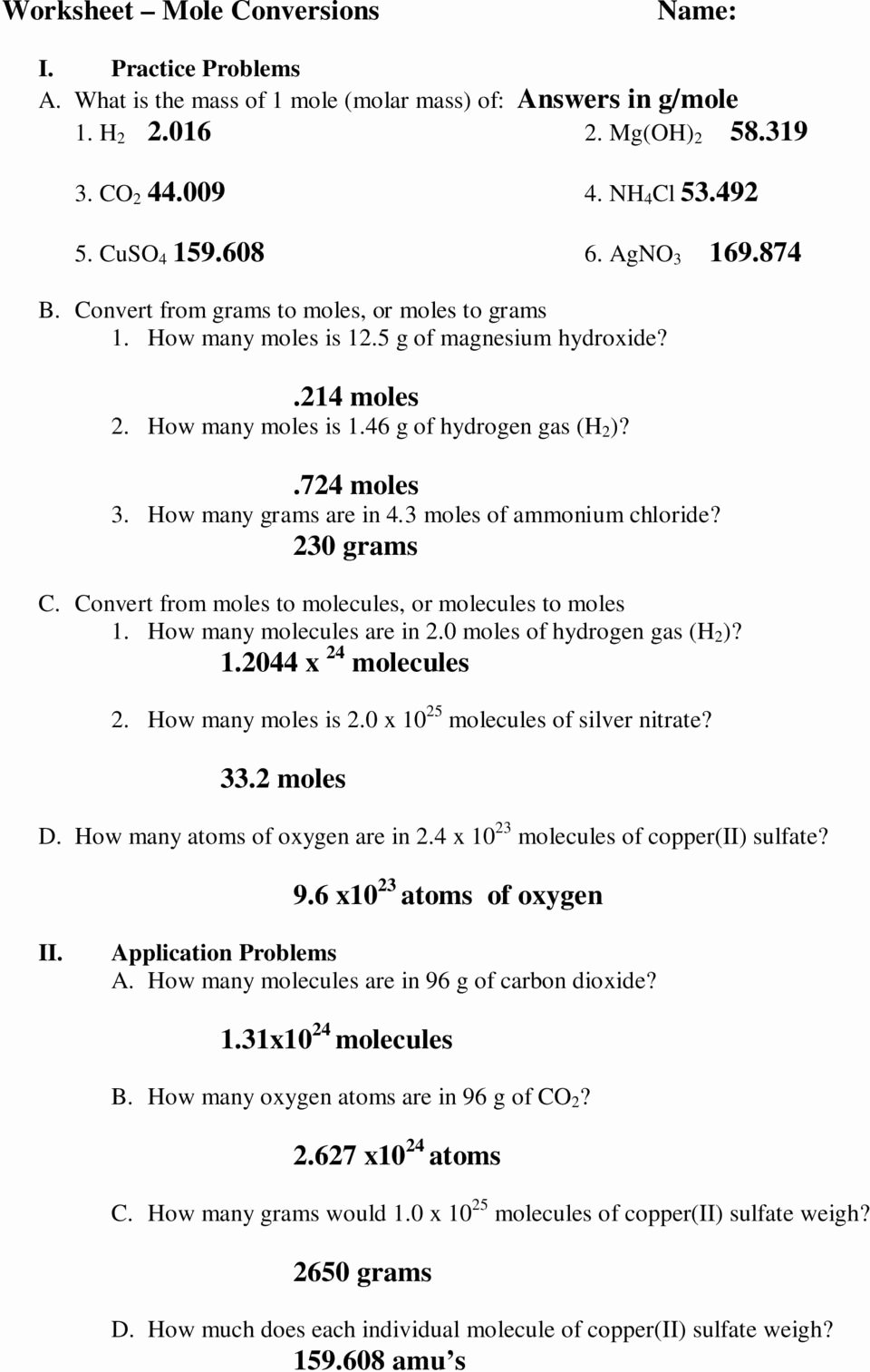 Gram To Mole Conversion Worksheet