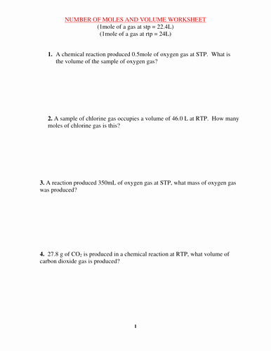 Worksheet Mole Problems Answers Elegant Moles and Volume Worksheet with Answers by Kunletosin246