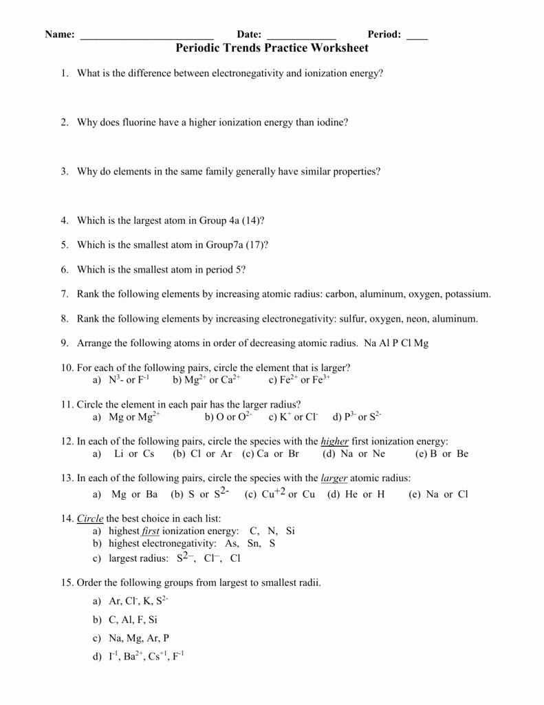 Worksheet Periodic Trends Answers Unique Periodic Trends Worksheets Answer Key