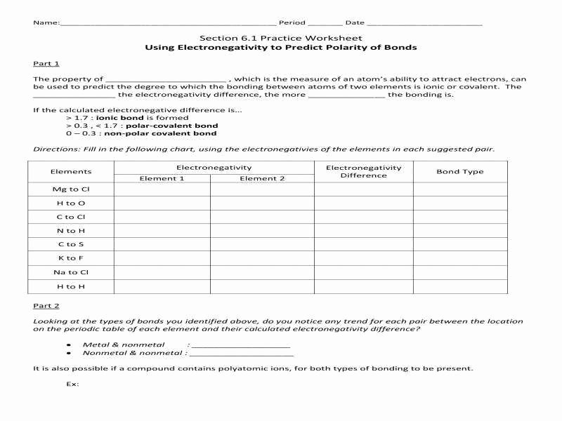 Worksheet Polarity Of Bonds Answers Unique Electronegativity Worksheet