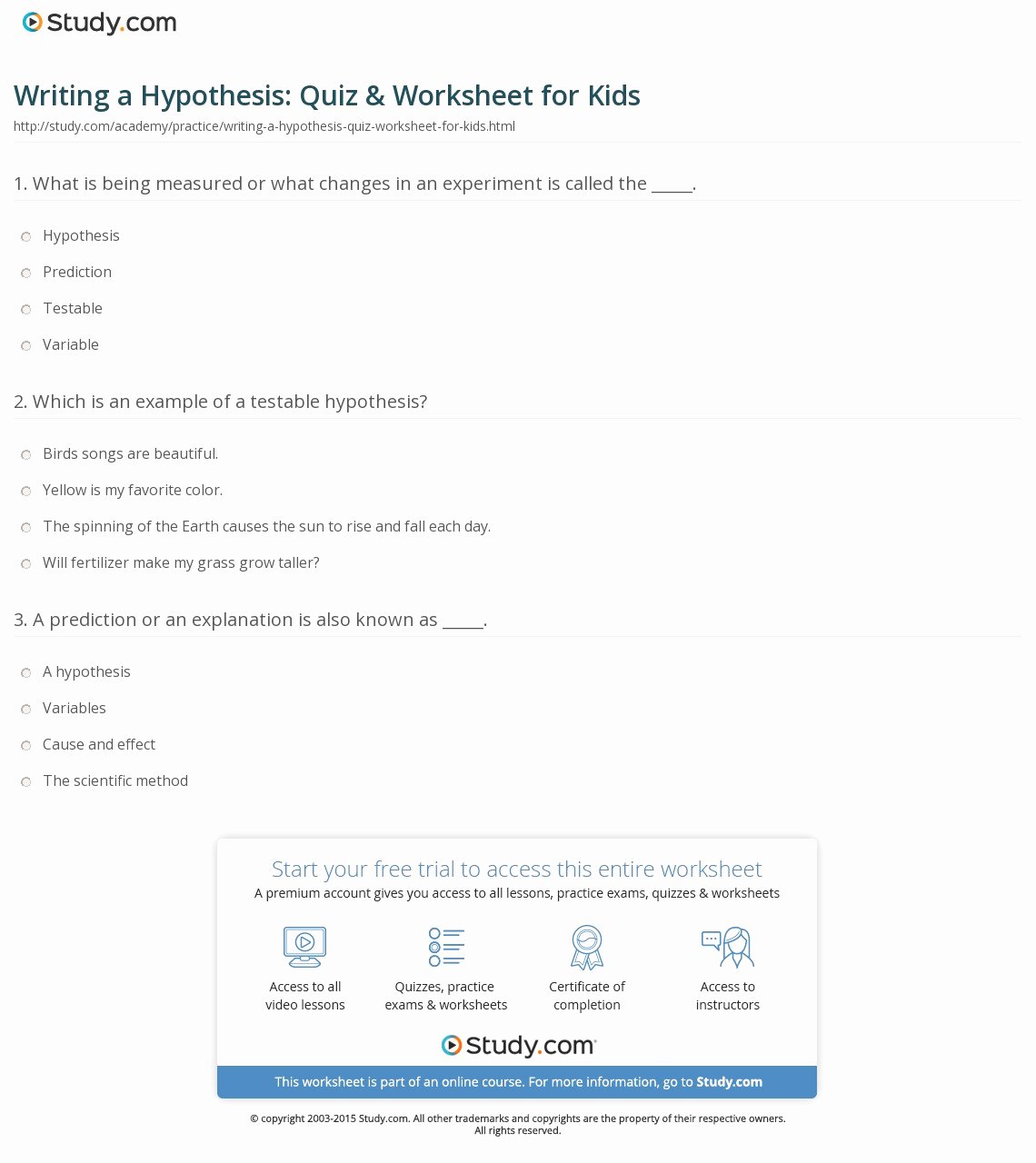 Writing A Hypothesis Worksheet Best Of Writing A Hypothesis Quiz &amp; Worksheet for Kids