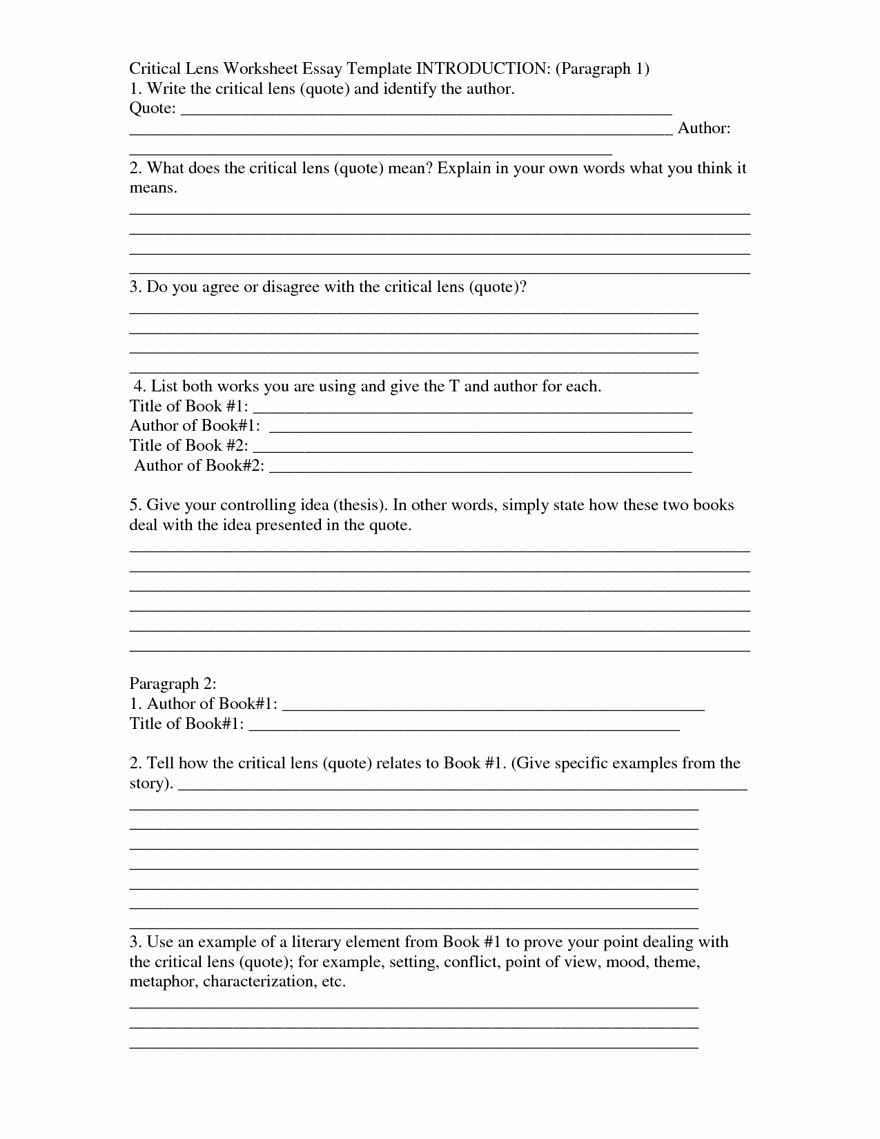 Writing A thesis Statement Worksheet Unique Critical Lens Worksheet Essay Template Introduction
