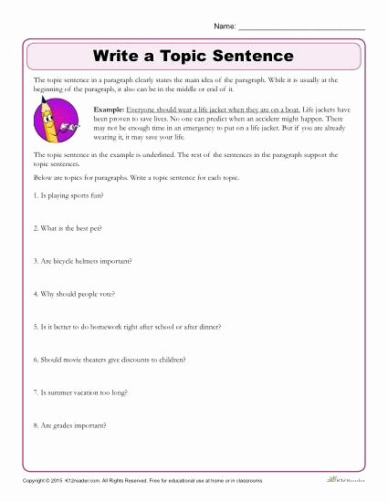 Writing A topic Sentence Worksheet Beautiful Write the topic Sentence