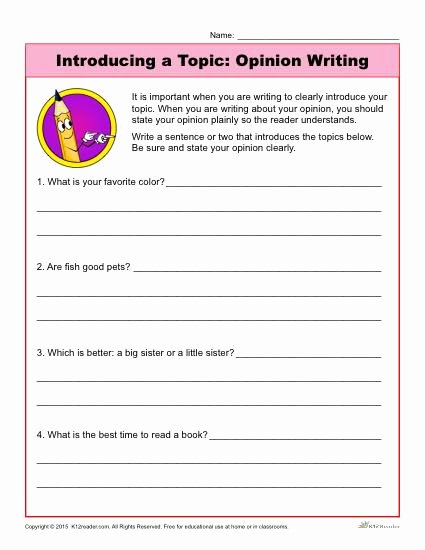Writing A topic Sentence Worksheet Elegant Introducing A topic Opinion Writing