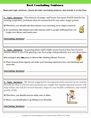 Writing A topic Sentence Worksheet Inspirational Worksheet Best Concluding Sentence