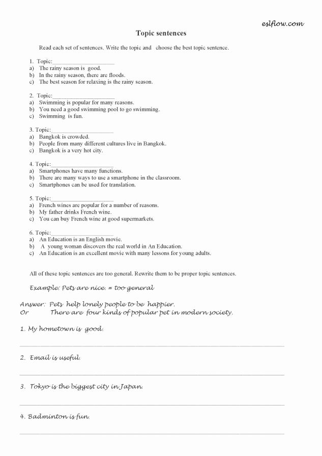 Writing A topic Sentence Worksheet Unique topic Sentences Worksheet