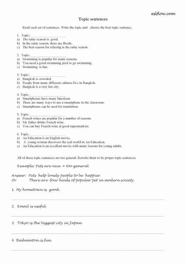 50 Writing A Topic Sentence Worksheet