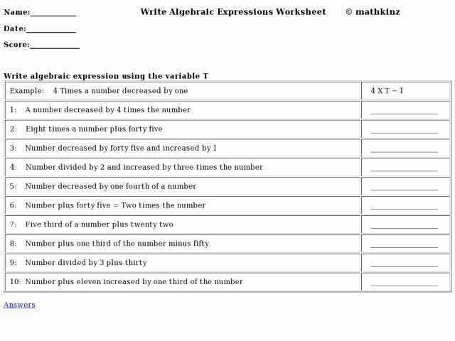 Writing Algebraic Expressions Worksheet Best Of Free Pre Algebra Worksheets