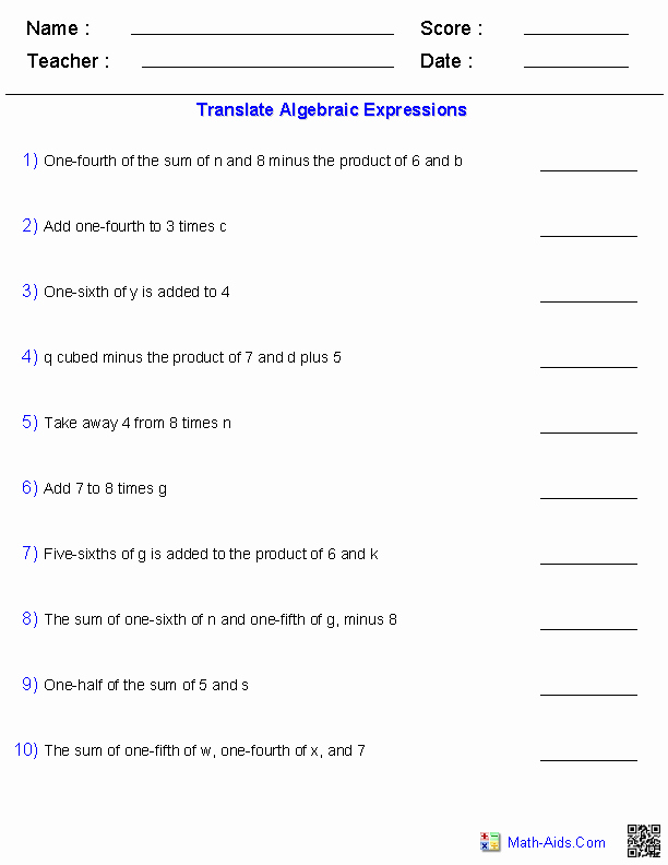 Writing Algebraic Expressions Worksheet Elegant Algebra 1 Worksheets