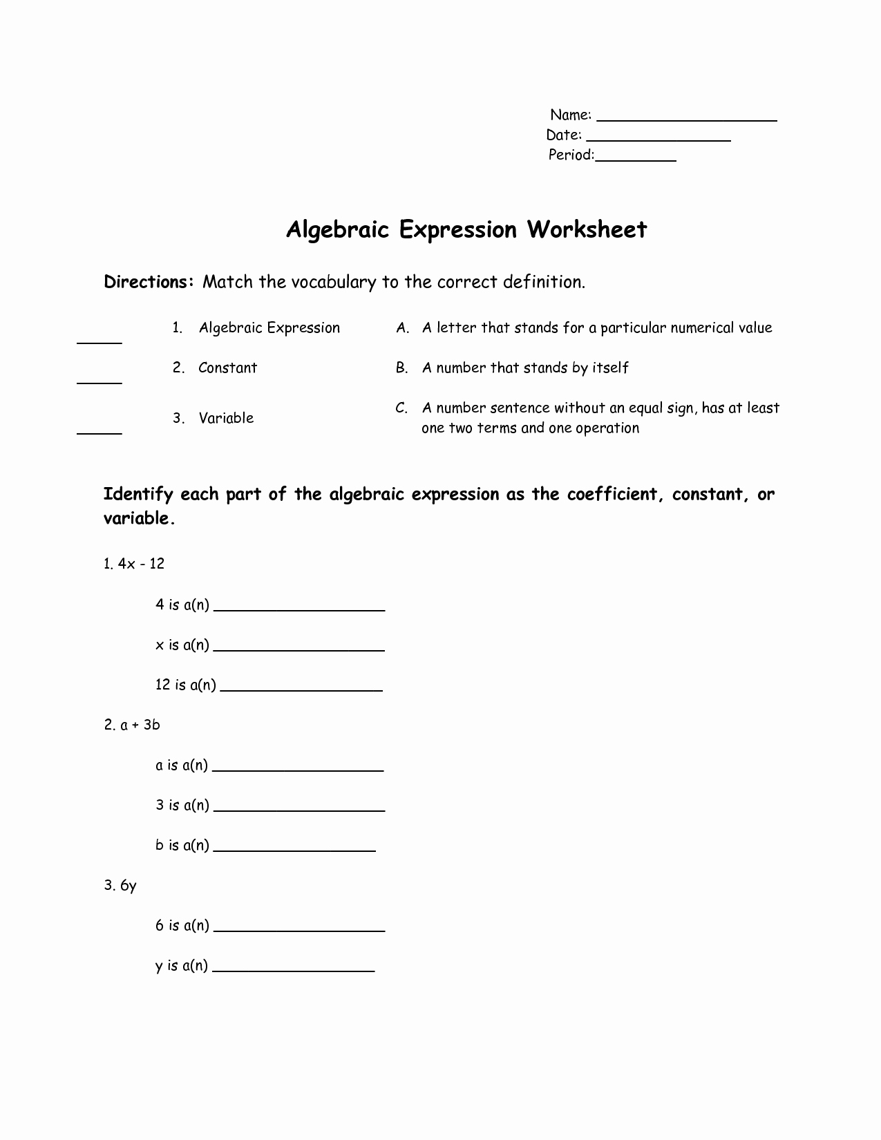 50 Writing Algebraic Expressions Worksheet