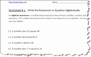 Writing Algebraic Expressions Worksheet Luxury Pre Algebra Worksheets for Writing Expressions