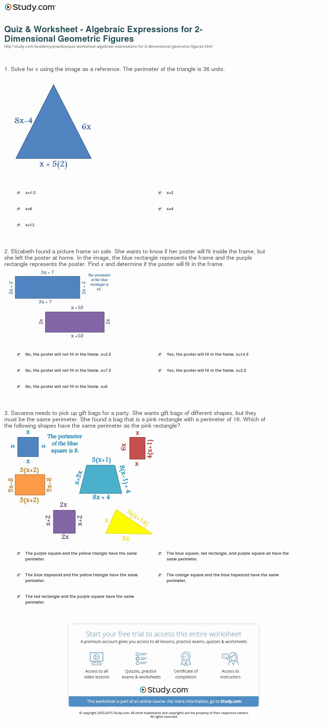 Writing Algebraic Expressions Worksheet New Quiz &amp; Worksheet Algebraic Expressions for 2 Dimensional