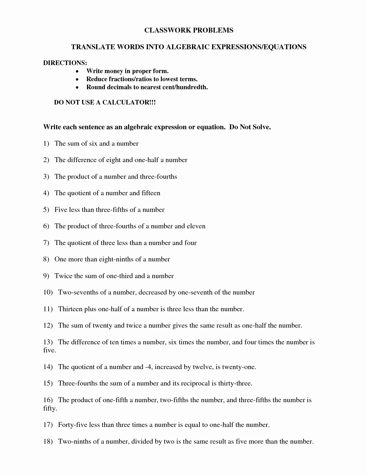 Writing Algebraic Expressions Worksheet Unique 16 Best Of Translating Verbal Expressions