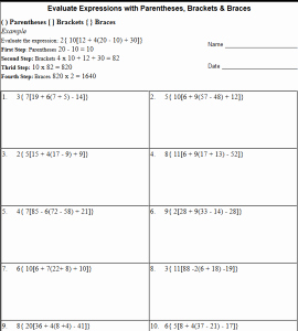 Writing and Evaluating Expressions Worksheet Lovely Parentheses Brackets and Braces In Math Expressions