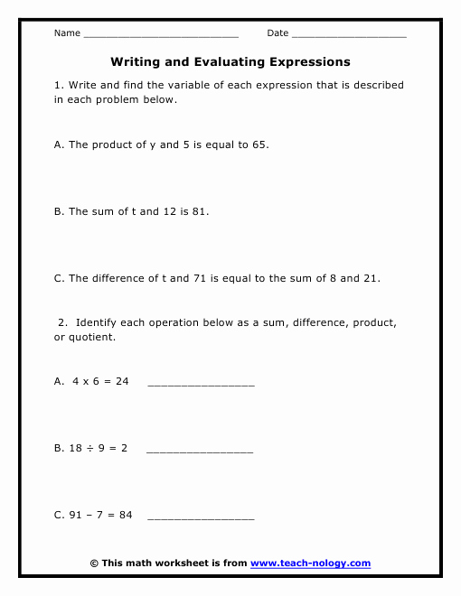 Writing and Evaluating Expressions Worksheet Luxury Writing and Evaluating Expressions