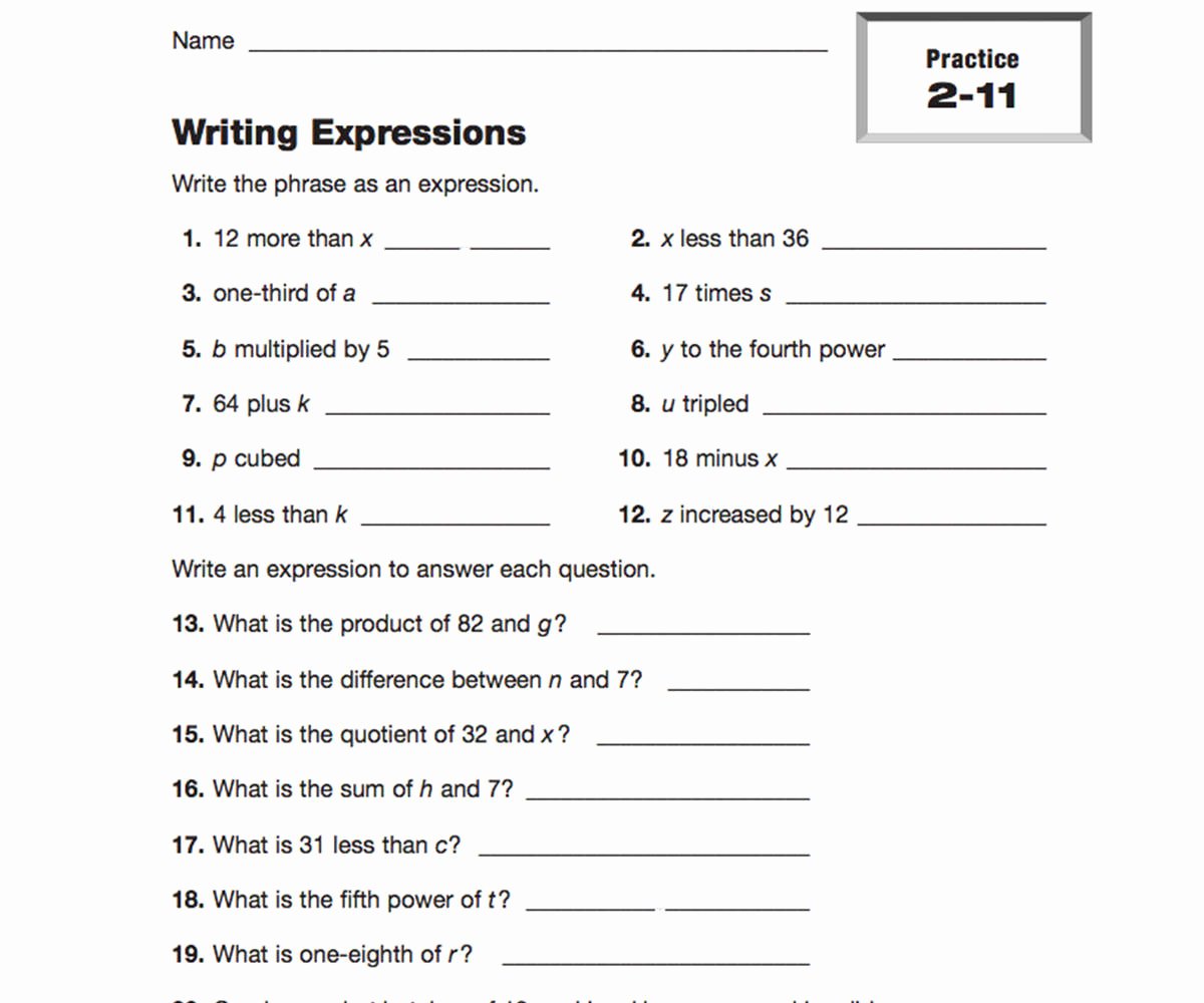 Writing and Evaluating Expressions Worksheet New Translating Verbal Expressions Into Algebraic Expressions