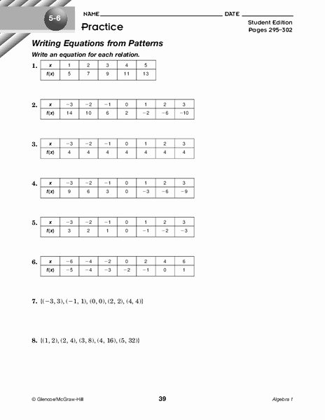 Writing Equations From Tables Worksheet Beautiful Writing Equations From Patterns Worksheet for 8th 12th