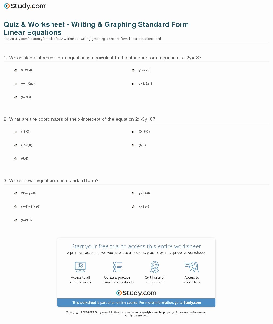 Writing Linear Equations Worksheet Elegant Quiz &amp; Worksheet Writing &amp; Graphing Standard form Linear