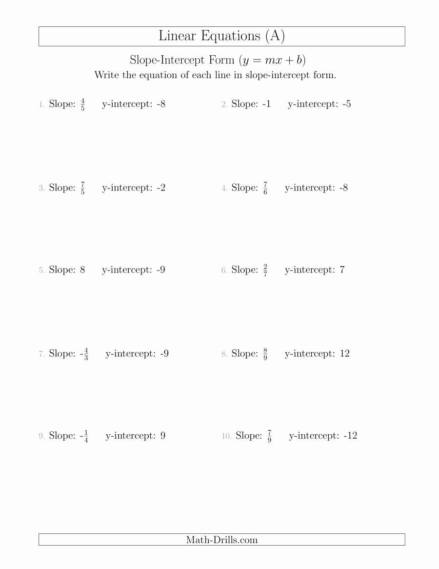 Writing Linear Equations Worksheet Fresh Writing A Linear Equation From the Slope and Y Intercept A