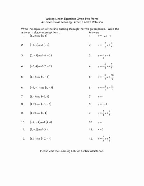 Writing Linear Equations Worksheet Fresh Writing Linear Equations Given Two Points Lesson Plan for