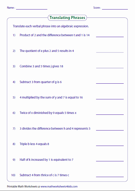 Writing Two Step Equations Worksheet Awesome Translating Phrases Into Algebraic Expressions Worksheets