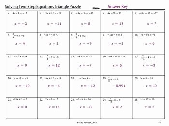Writing Two Step Equations Worksheet Best Of solving Two Step Equations Triangle Puzzle by Amy Harrison