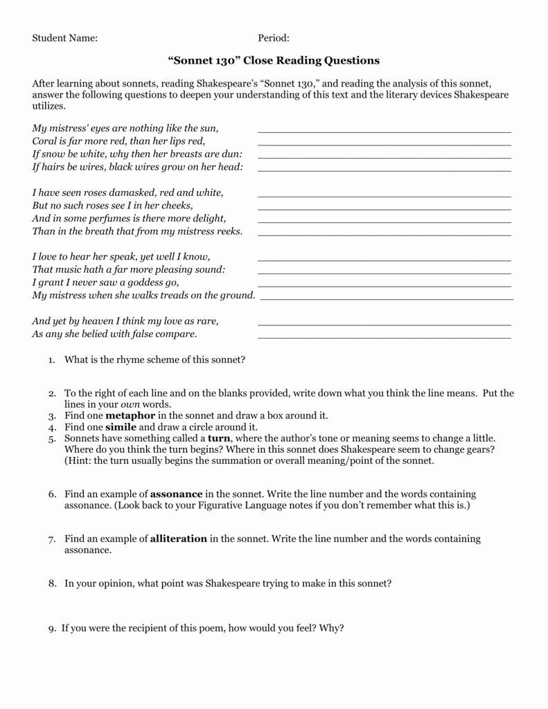 Written Document Analysis Worksheet Answers Awesome Analyzing sonnet 130