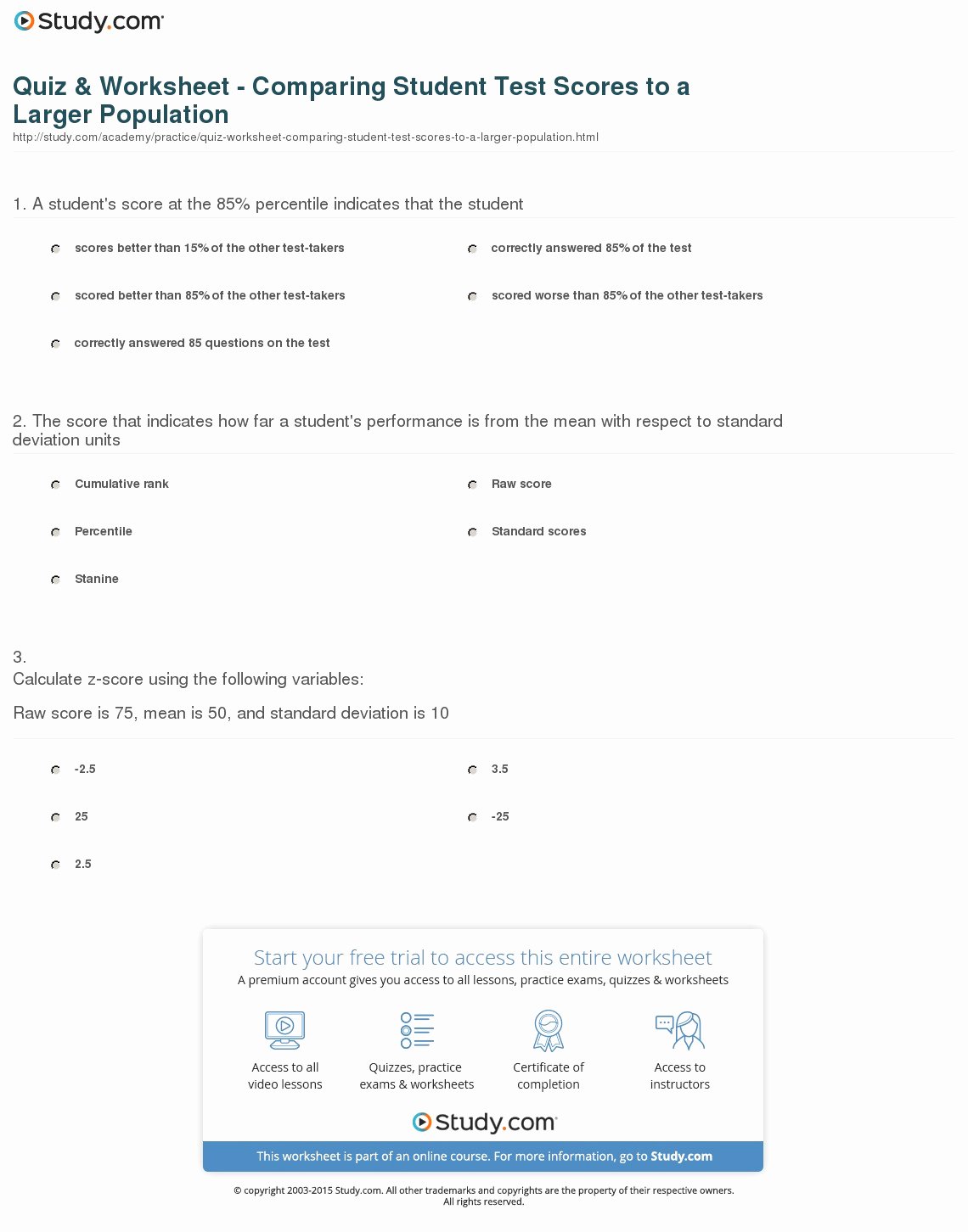 Z Score Practice Worksheet Awesome Quiz &amp; Worksheet Paring Student Test Scores to A