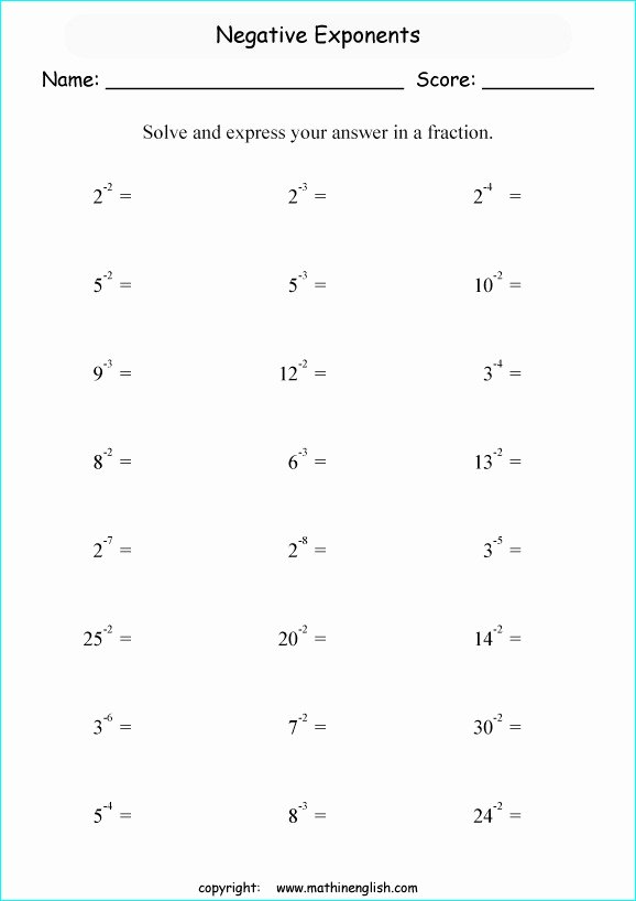 Zero And Negative Exponents Worksheet