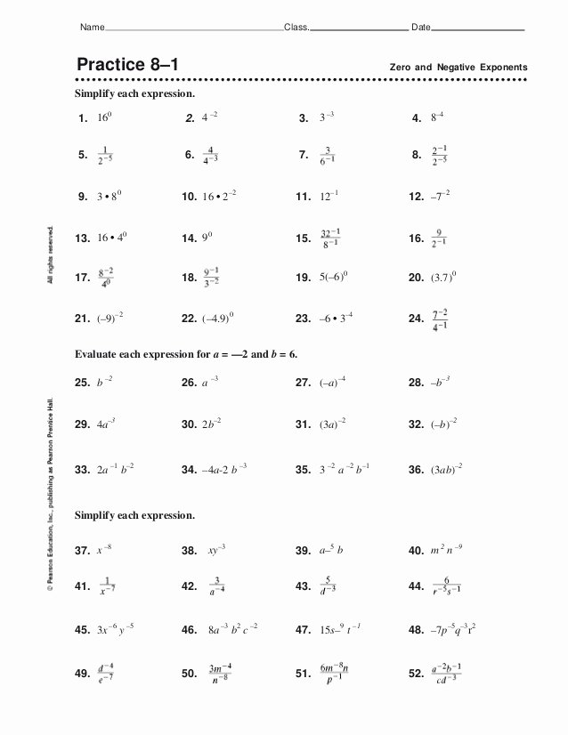 Zero and Negative Exponents Worksheet Beautiful 8 1 Practice